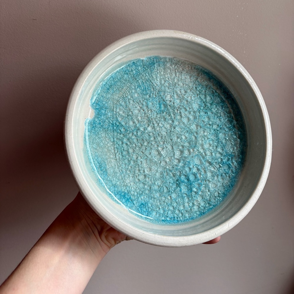 Handmade Pottery Bowl with Blue Crackle Glaze